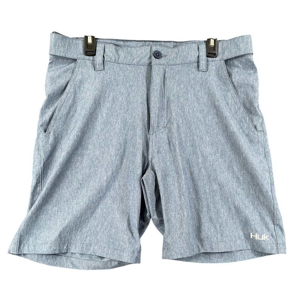 Huk Performance Fishing Shorts Mens L Blue Heathered Stretch Elastic Waist